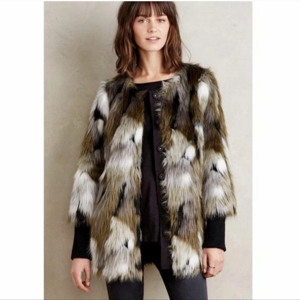 Anthropologie Tracy Reese Nantes Multicolored Faux Fur Snap Jacket Coat XS